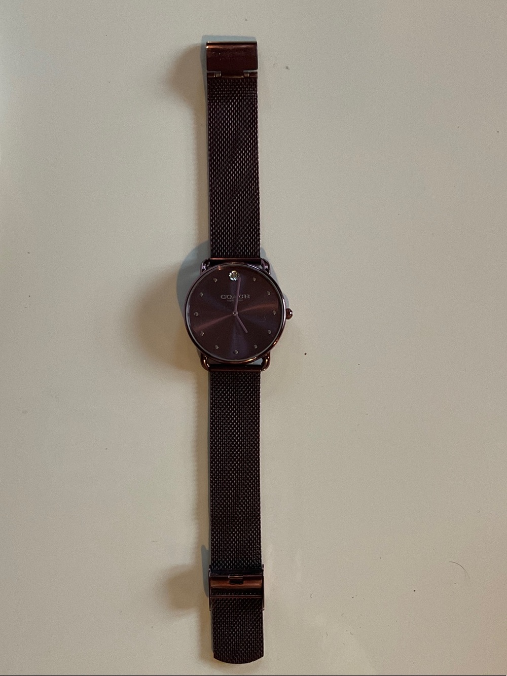 Coach Woman’s Purple Tea Rose Dial Watch with crystals and Mesh Strap